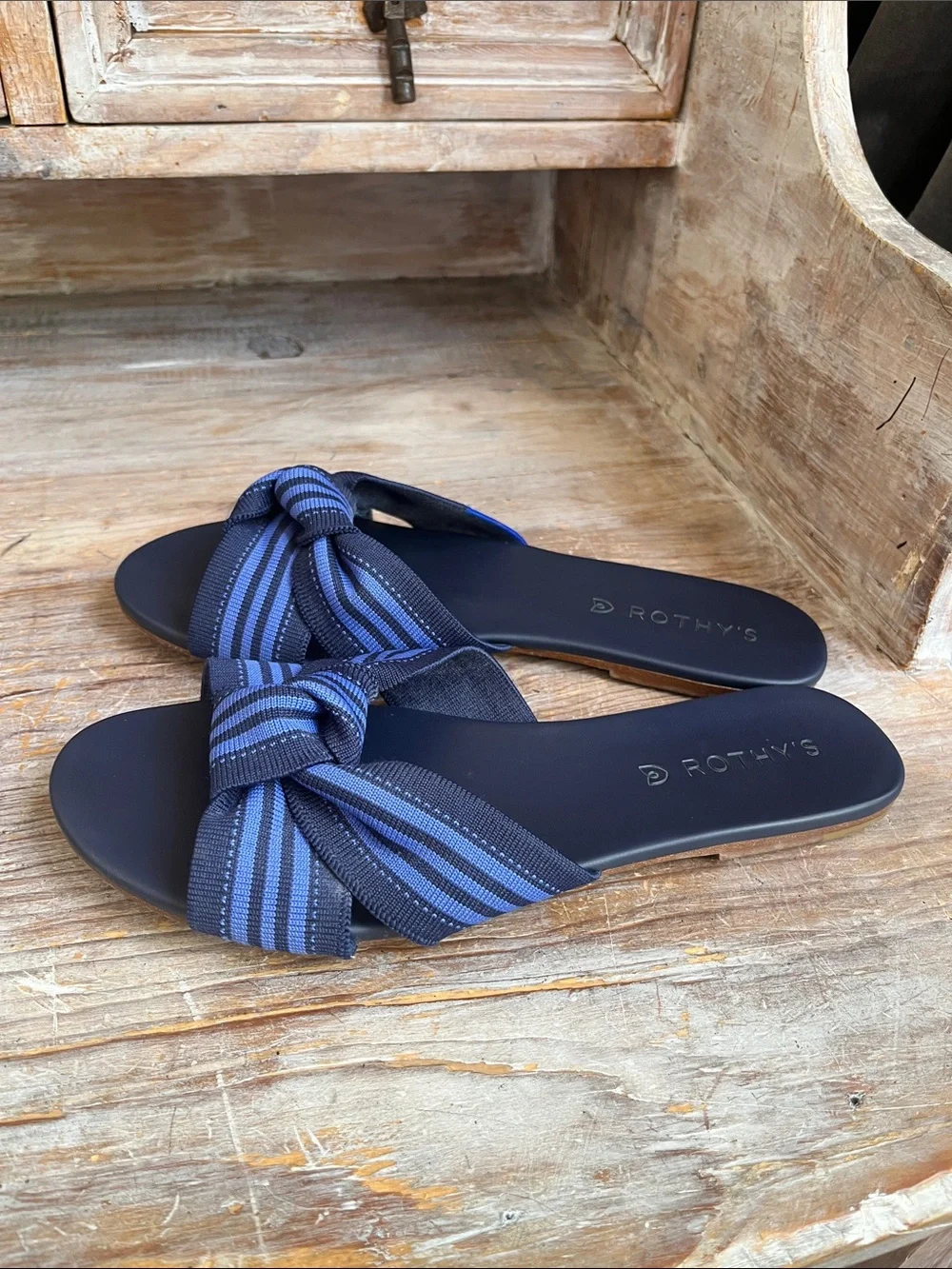 💙 Rothy's The Knot Slide Sandals Size 7 Cobalt Blue Stripe Summer